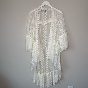 Origami | White Lace Duster Cardigan Sheer Lace Hi Lo Hem Boho Western Sz Small